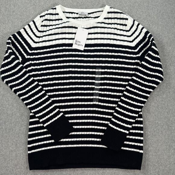 Kim Rogers Ribbed Knit Pullover Sweater Women's Large Black/White Stripe Crew - Picture 1 of 8